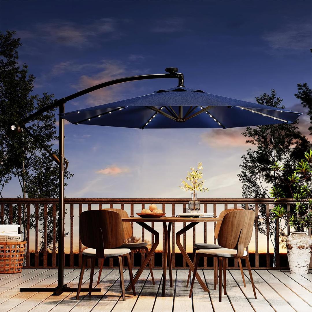 10FT Solar Lights Cantilever Umbrella outdoor patio, Offset Patio Umbrella with Easy Lift & Tilt Adjustment, UV Protection Fade Resistant for Deck, Pool, Garden, Navy Blue