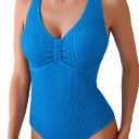 Fanuerg Women's One Piece Swimsuits Ribbed Textured Swimwear V Neck Push Up Bathing Suit (Medium, Dark Blue)