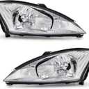 2000-2004 Ford Focus Headlight Assembly for 2000 2001 2002 2003 2004 Ford Focus Clear Lens Chrome Housing with Clear Reflector Headlamp Replacement Left and Right Pair