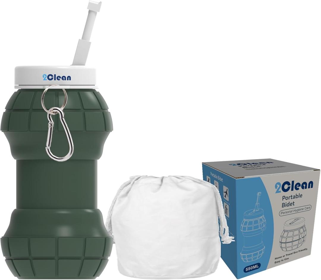 2Clean Portable Bidet - Collapsible & Expandable 550ml | Peri Bottle for Women, Travel Handheld Bidet, Camping Bottle (Green)