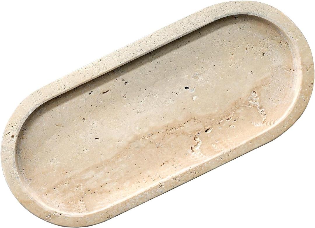 Bathroom Vanity Tray, Natural Marble Oval Sink Tray 10 Inch, Beige Travertine Vanity Tray for Soap Dispenser Modern Countertop Organizer for Kitchen Countertops, Home Decor (9.8" x 4.5" x 0.8")