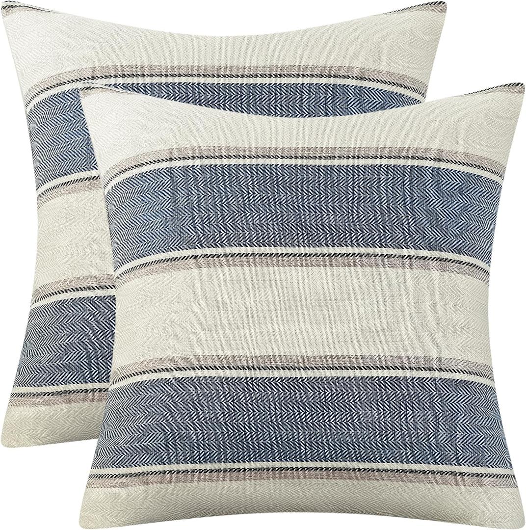 AmHoo Pack of 2 Farmhouse Linen Throw Pillow Cover Cushion Stripe Decoration Buffalo Retro Pillowcase with Hidden Zipper for Sofa Bedroom Car 18 x 18 Inch Blue