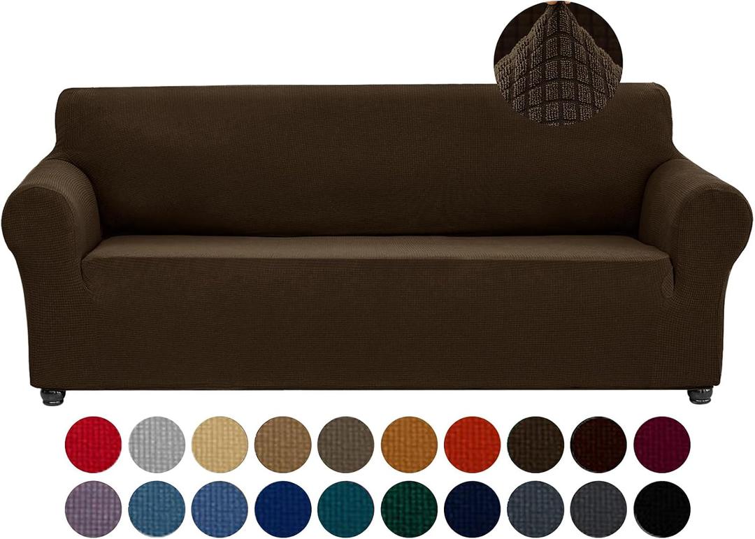 Joccun Stretch Couch Cover Slipcovers, 1-Piece Sofa Covers for 3 Cushion Couch Spandex Jacquard Washable Furniture Protector Cover for Living Room,Kids,Pets(Sofa,Seal Brown)