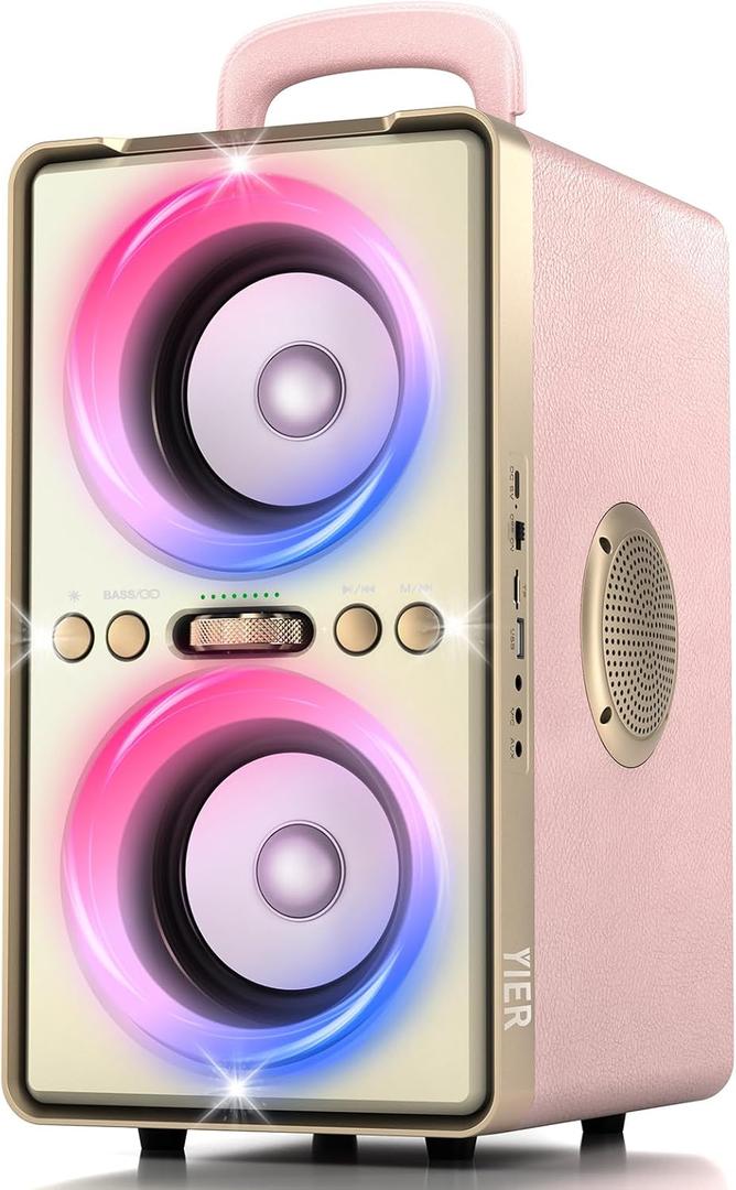YIER Bluetooth Speaker, 240W Peak Loud Party Speaker with Big Bass, 20H Playtime, TWS, BT5.3, Large Portable Wireless Boom Box with LED Light for Outdoor Backyard Beach Home (Leather Pink)