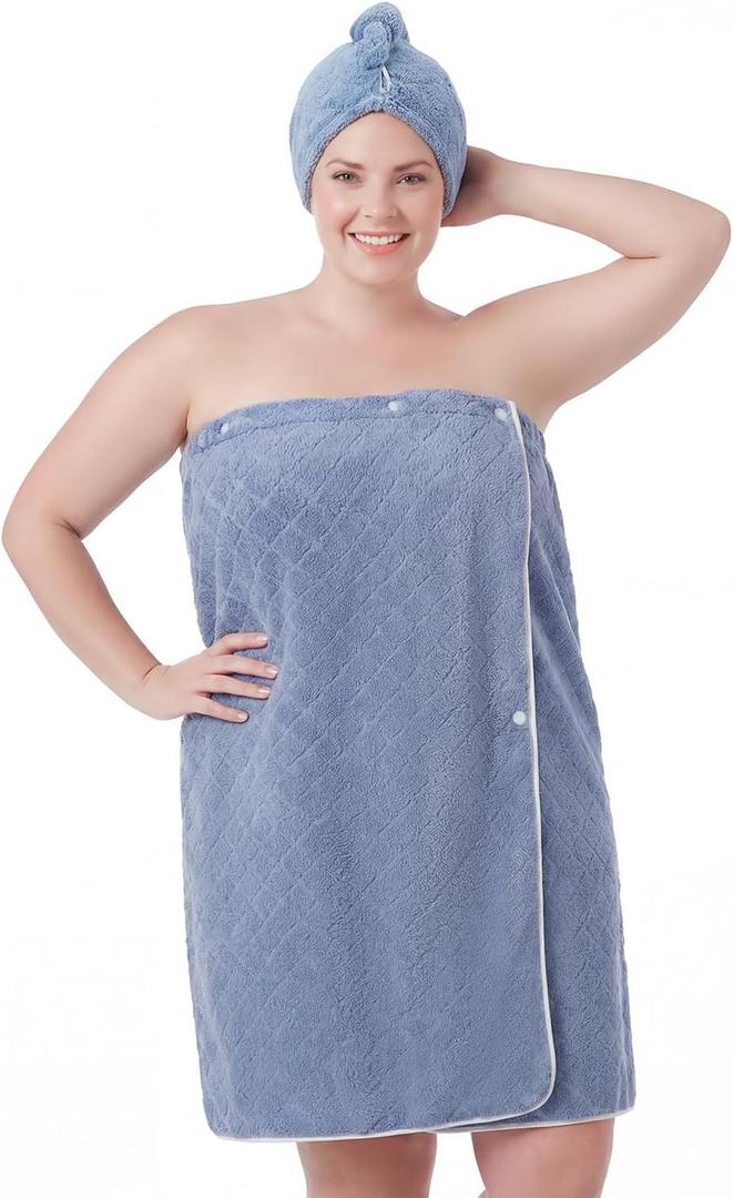 Towel Wrap for Women Plus Size (XL-2XL) with Hair Towel Wrap, Microfiber Bath Wrap Soft & Comfortable Absorb Water Body Wrap Oversized Button Design, Blue