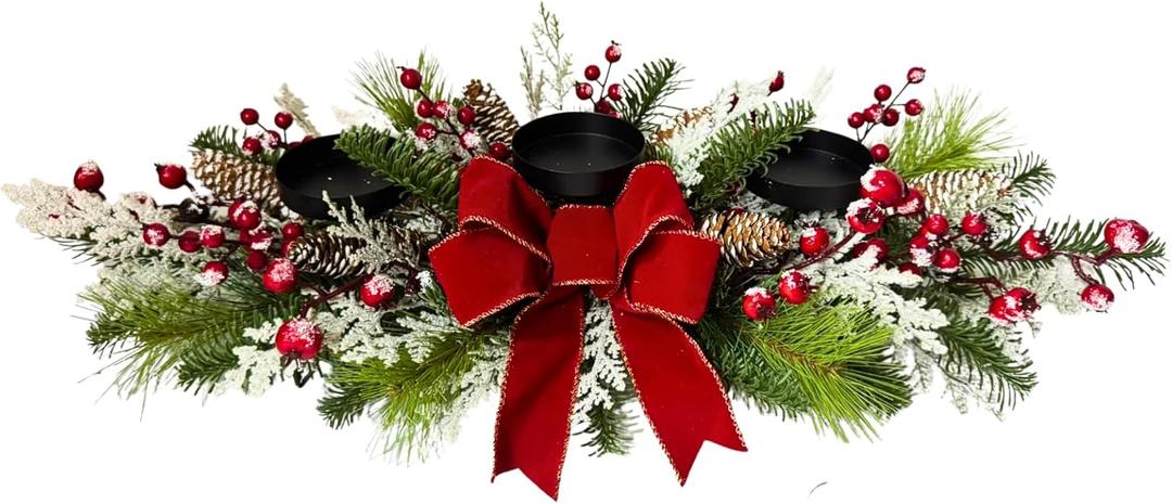 Christmas Candle Holder Xmas Decorations 3 Candle Holders with Snow Flocked Pine Cone Red Berries and Red Bow for Table Centerpiece Holiday Decor Christmas Decorations
