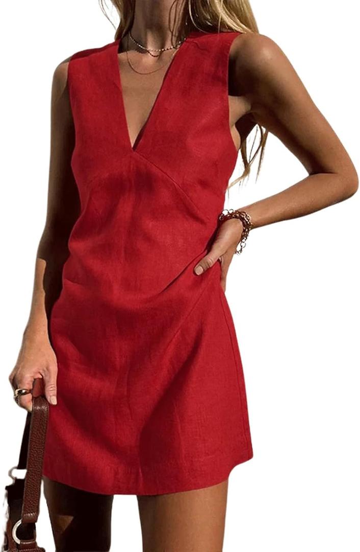 CHARTOU Women's Summer Sleeveless Mini Dress Cotton Linen V Neck Cinched A Line Slim Tank Short Dress (Medium, Red)