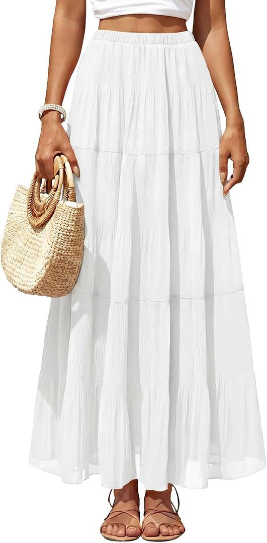 Women's Chiffon Pleated Maxi Skirt Elastic High Waisted Boho A-Line Fall Flowy White Long Skirts with Lining (White, M)