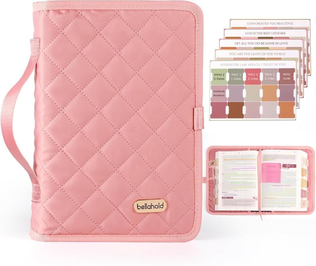 BellaHold Adjustable Bible Cover with 75 Bible Tabs - Bible Cover Case for WomenWaterproof, Washable Quilted Bible CaseReusable Christian Gifts for Women (Pink, L)