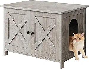 Shintenchi Cat Littler Box Enclosure, Litter Box Furniture Hidden with Removable Divider, Cat House with End Table, Grey