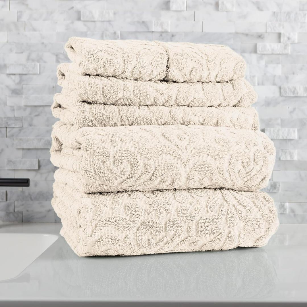 6PC Jacquard Towel Set - 500GSM 100% Cotton Bathroom Accessories - 2 Bath Sheets, 2 Hand Towels and 2 Wash Cloths - Soft and Absorbent Bathroom Set for Shower, Gym, Dorm and Spa by Lavish Home (Cream)