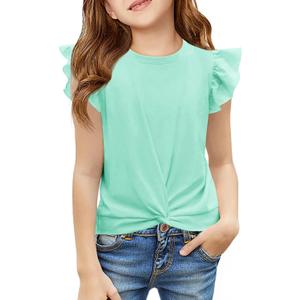 Haloumoning Girls T Shirts Ruffle Sleeve Twist Front Tshirts Summer Casual Crewneck Tees Tops 5-14 Years (7-8 Years)