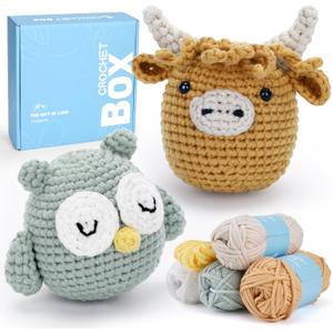 CrochetBox Crochet Kit for Beginner, Highland Cow and Owl Learn How to Crochet Stuffed Animals Gift for Adults and Teen(), Knitting Set with Yarn Hook Stitch-by-Stitch Video Tutorial
