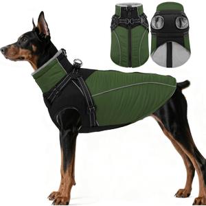 ASENKU Reflective Dog Coat with Built-in Harness, Windproof Fleece-Lined Dog Jacket, Large Dogs, Warm Winter Vest with Turtleneck & Zipper (Green XL)