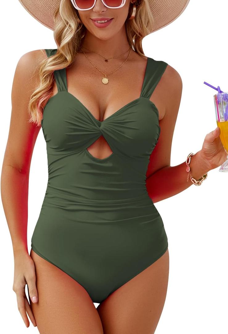 VIMPUNEC Women One Piece Tummy Control Swimsuit High Waisted Bathing Suit Cut Out Swimwear (Green, M)