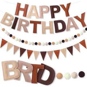 Oudain 4 Pcs Pre Strung Happy Birthday Banner Felt Happy Birthday Garland Pom Pom Balls Felt Pennant Flag Multicolor Bunting String Triangle Flags Bulk Reusable Party Decorations(Coffee, Beige)