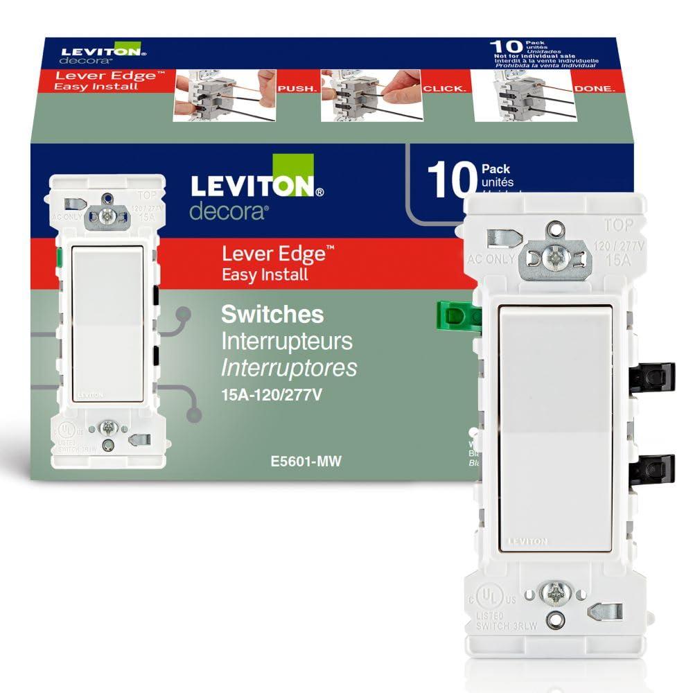 Leviton Lever Edge 15 Amp Single Pole Rocker Switch, 10-Pack, E5601-MW, White