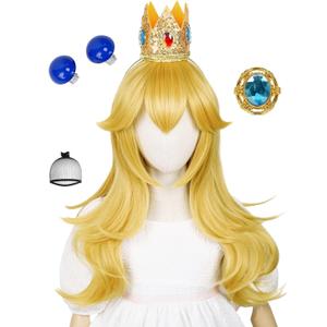 Half and Half Long Blonde Curly Princess Wig Set 22'' Golden Wave Wig with Bangs Synthetic Hair Wigs for Halloween Costumes Party