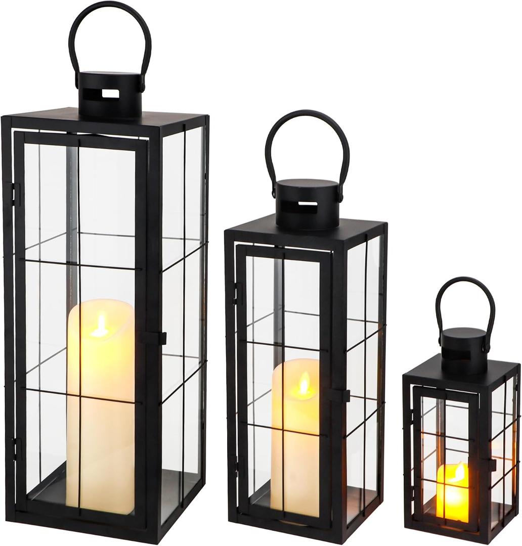 TRIROCKS Metal Candle Lantern Set of 3 - Assorted Sizes (9/15.5/19.5 Inch) - Tall Decorative Hanging Lanterns with Tempered Glass Panels Indoor & Outdoor Home Decor for Parties & Events - Black Finish