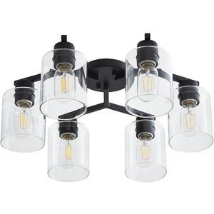 6 Light Semi Flush Mount Ceiling Light Black Kitchen Lighting Fixtures Ceiling Industrial Large Cieling Light Fixtures, with Clear Glass Shade for Dining Room Living Room Kitchen Island Farmhouse