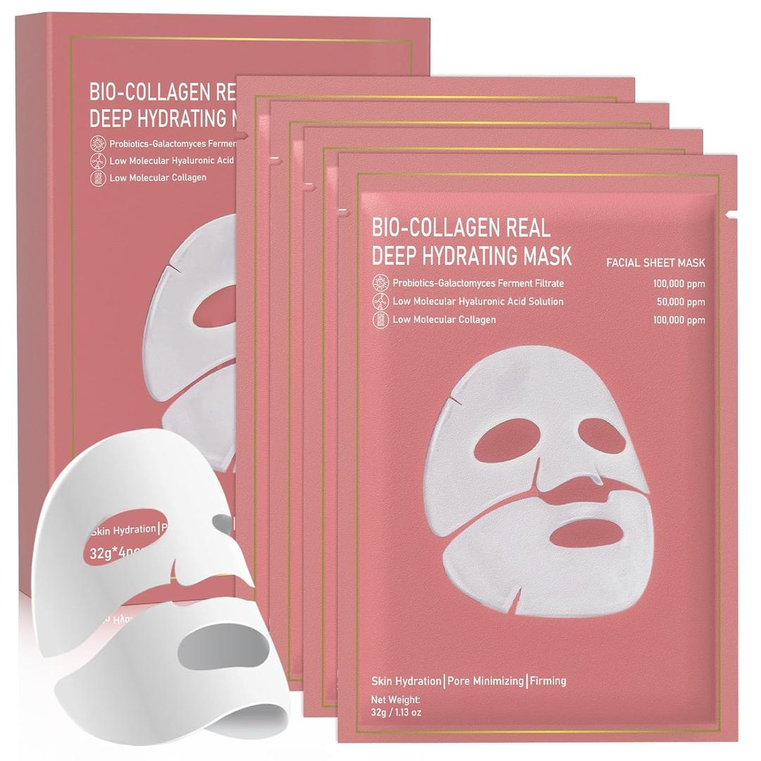 Bio-Collagen Real Deep Mask, 4 Pack Overnight Hydrating Face Mask for All Skin Types, Collagen Face Mask