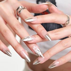 GLAMERMAID 20 Pcs 3D Luxury Handmade Press on Nails Long Almond, Nude Acrylic Fake Nail with Rhinestones Charms, Silver Chrome False Nails Artificial Stick Glue on Nails, Size M
