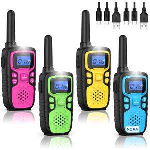 Wishouse Walkie Talkies for Kids Rechargeable Long Range,Xmas Birthday Gift for 4 5 6 7 8 9 Year Old Boys Girls,Hiking Gear Camping Games Cool Toys with NOAA,SOS Siren,Lamp,Lanyards,Easy to Use,4 Pack (Pink Green Yellow Blue)