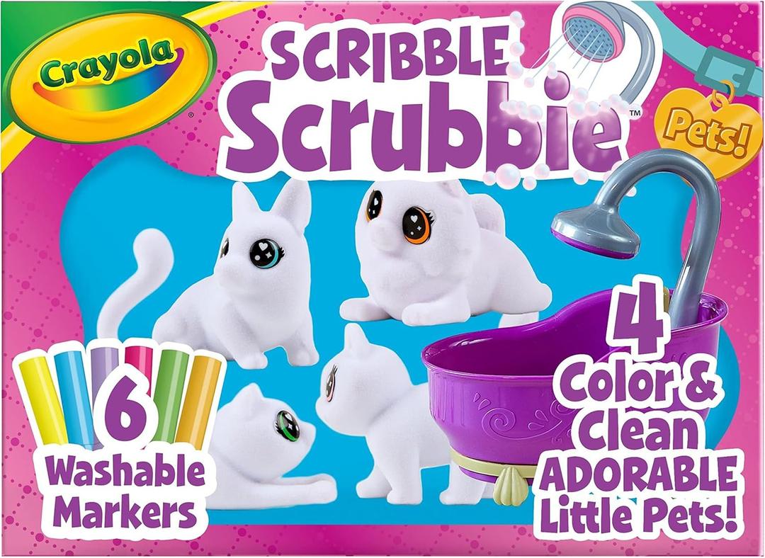 Crayola Scribble Scrubbies Glam Pack (4 Pets), Washable Pet Care Toy & Coloring Animal Craft Kit, Gift for Kids, Playset for Girls & Boys, Ages 3+