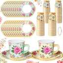 Umigy 60 Sets Tea Party Decorations 6.5 oz Floral Paper Tea Cups with Handle and Plates Disposable Blossom Teacups and Saucers Sets for Girls Kids Birthday Garden Wedding Party Supplies(Yellow, Green)