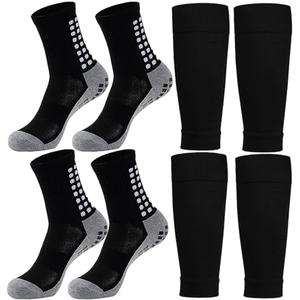 KMOLY 1 Set Kids Grip Soccer Socks and Shin Guard Sleeves for Age 7-14 Youth Boys Children Football Basketball Training