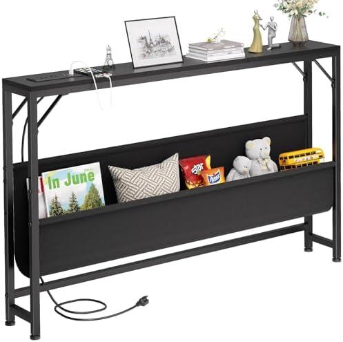 Asgolion 47.2'' Console Table with Charging Station and Storage, Entryway Table with Power Outlets and USB Ports, Behind Couch Table, for Living Room, Foyer, Entryway, Hallway, Black