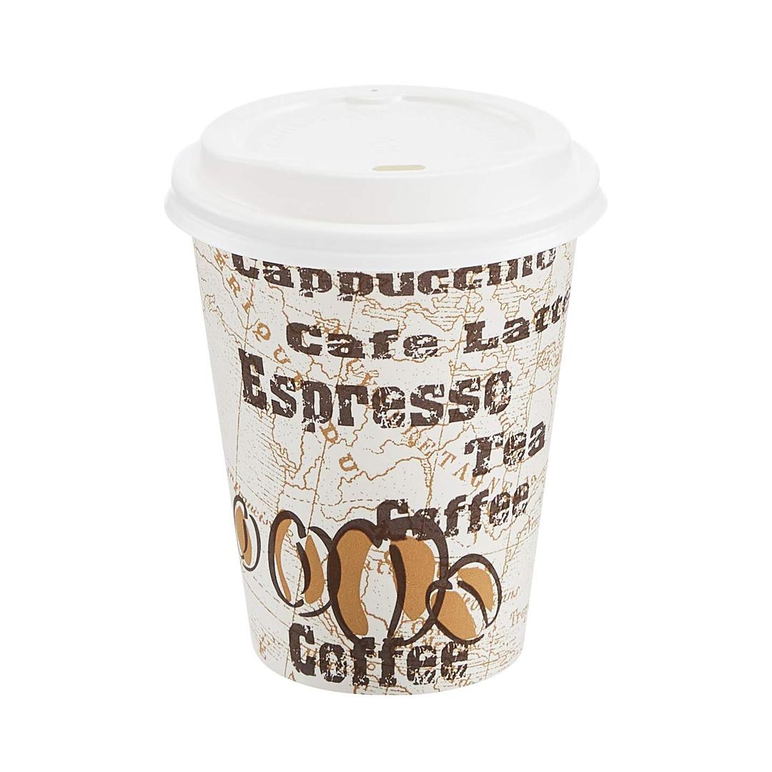 Amazon Basics to Go Hot Paper Coffee Cups with Lids, 12 oz, Caf Design, Disposable, 100-Count