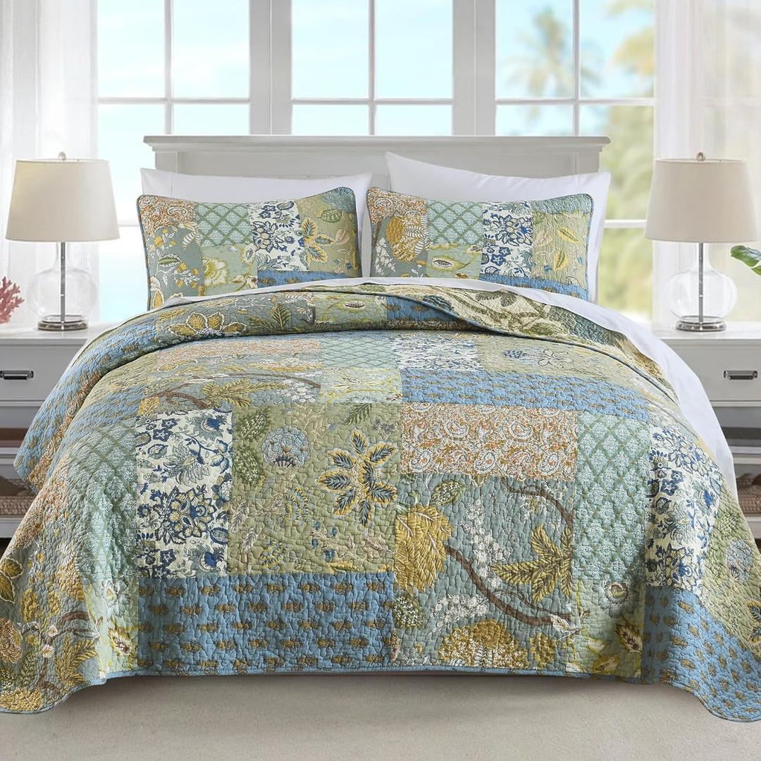 NEWLAKE Quilt Set California King Size, 100% Cotton Patchwork Green Bohemian Quilt Sets, Reversible Bedspread Lightweight and Breathable for All Seasons, Soft Quilted Bedspread with 2 Pillowcases (Bohemian Floral)