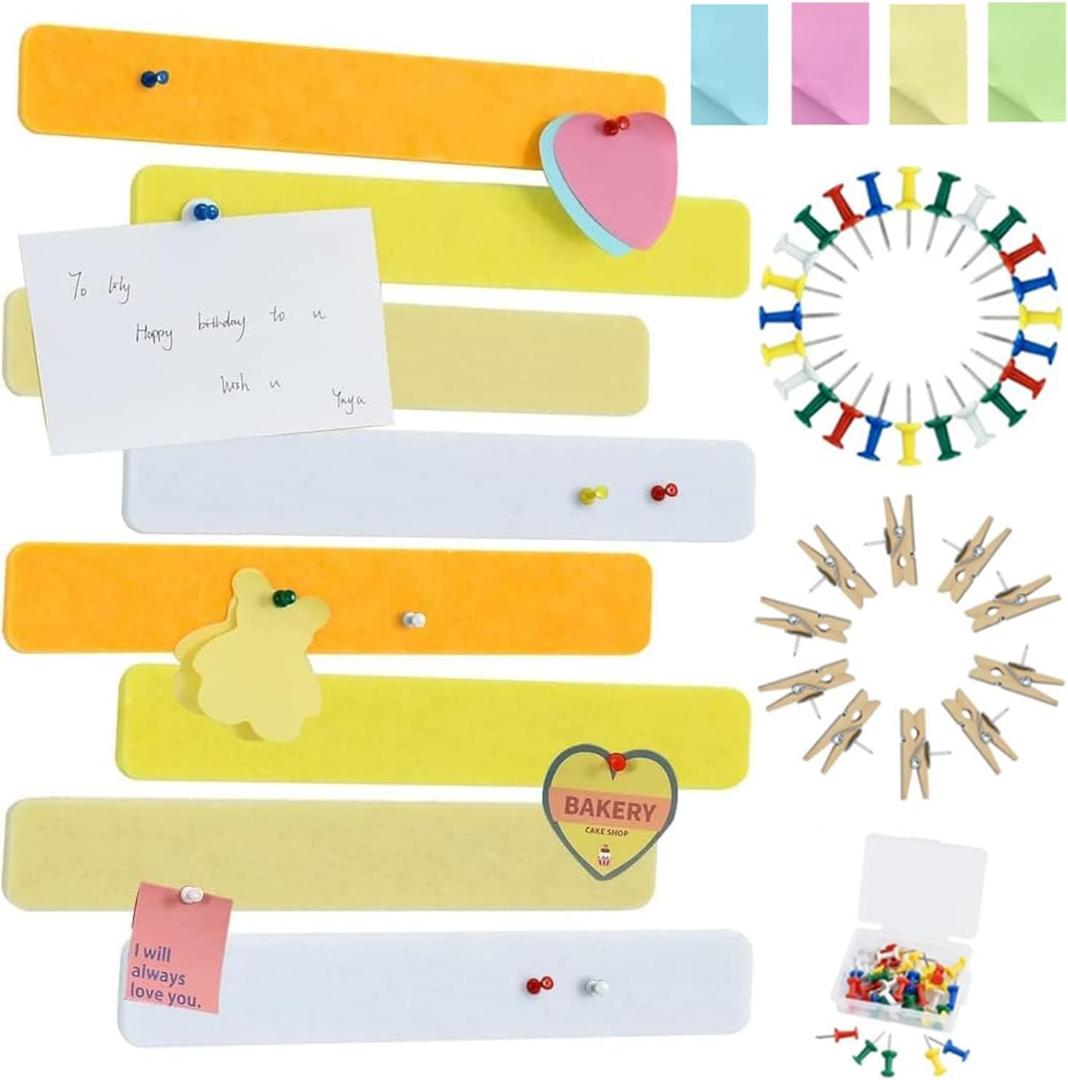 Vuzvuv 8 pcs Bulletin Board Bar Strips with 50 PushpinsSelf Adhesive Cork Board for WallFelt Pin Board for SchoolOffice Decor(Yellow White) (Rectangle)
