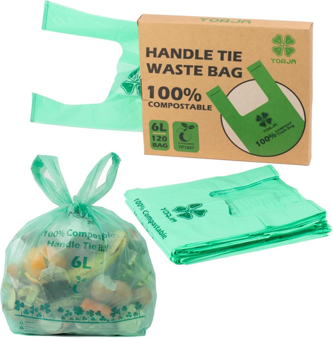 YORJA 1.6 Gallon Tie Handles Compost Trash Bags 120 Food Scrap Bags, Compostable Kitchen Waste Bags with Europe EN13432 & ASTM D6400 Certified