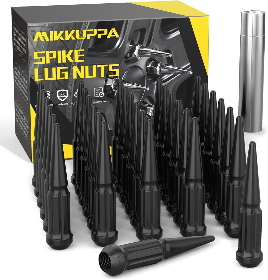 MIKKUPPA M14x1.5 Wheel Spike Black Lug Nuts, 32pcs Black Spike Lug Nuts 14mmx1.5 Solid 4.4" Tall Acorn Lug Nut with 1 Socket Key Replacement for Chevy Silverado 1500 2500 3500, F-150 F-250 F-350