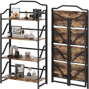 JSB 4 Tier No Assembly Folding Bookshelf, Foldable Storage Bookcase for Home Office, Space-Saving Storage Shelf for Living Room, Bedroom (Rustic Brown, 4-Tier)