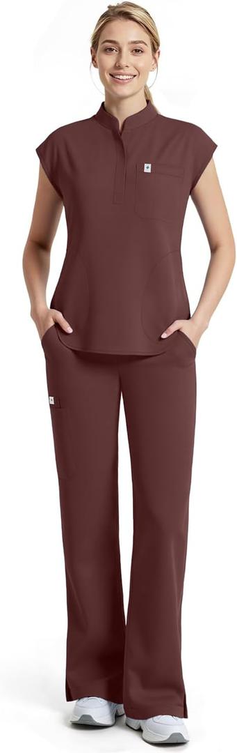 Dvoliaw Women Scrubs Set,Sleeveless Stand Collar Scrub Top,Straight Leg Scrub Pant,11-Pocket Medical Uniform,Yoga Waistband Medium
