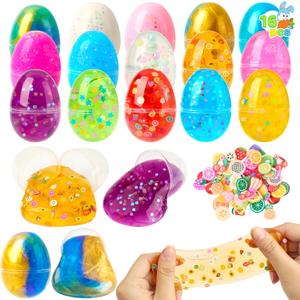 JOYIN 16 Pcs Prefilled Easter Eggs with Crystal, Galaxy, Slime and Confetti Stress Relief for Kids Easter Party Favors Supplies, Eggs Hunt, Basket Stuffers Fillers