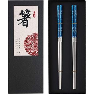 Titanium Plated Chopstick Stainless Steel Chopsticks Metal Chopsticks Reusable Dishwasher safe Premium Laser Engraved Chop Sticks for Eating 2 Pairs Gift Set Blue Silver