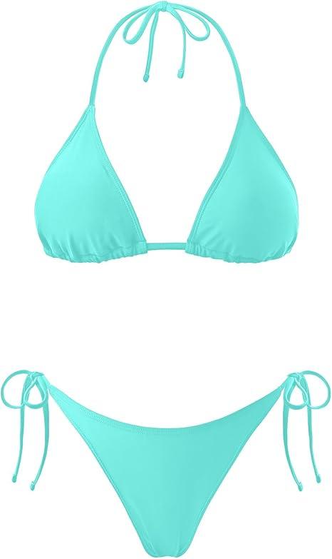 Holipick Two Piece Triangle Bikini Sets for Women String Bathing Suit Halter Top with Side Tie Bikini Bottom, L