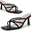 Womens Kitten Heel Sandals, Square Toe Strappy Thong Slip On Heels, Mule Heels Open Toe Dressy Summer Sandals (Black) SIze 10
