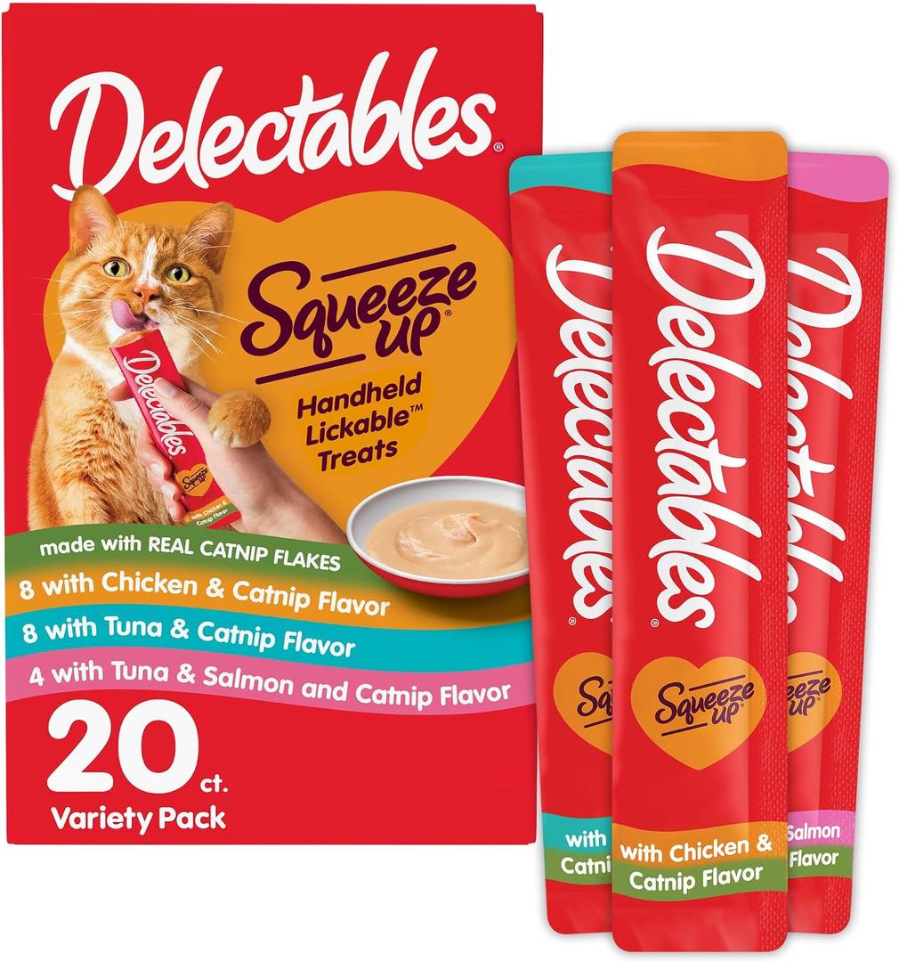 2 x Delectables Squeeze Up Catnip Variety Pack, Creamy Squeezable Puree, Lickable Wet Cat Treats, Grain Free, No Added Fillers, No by-Products, No Added Preservatives, 0.5 Ounces Tube, 20 Tubes Total (EXP 05/29/28)