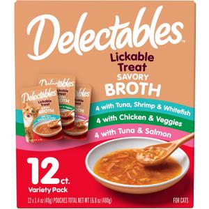 2 x Delectables Savory Broths Lickable Wet Cat Treat Variety Pack, 12Count(Pack of 1) (EXP 04/21/28)