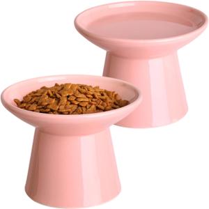 6.2 Inch Extra Wide Elevated Ceramic Cat Bowls, Food and Water Bowl Set for Elder Big Cats Small Dogs, Raised Design for Pet Easy Eating, Protect Cat's Spine Set of 2 (Pink)