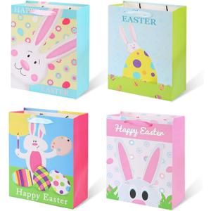 Vammy 13" Large Easter Gift Bag with Handles, 4 Pack Paper Gift Bags (Cute Rabbit, Colorful Eggs, Happy Easter) for Egg Hunts, Party Favors and Kids Presents