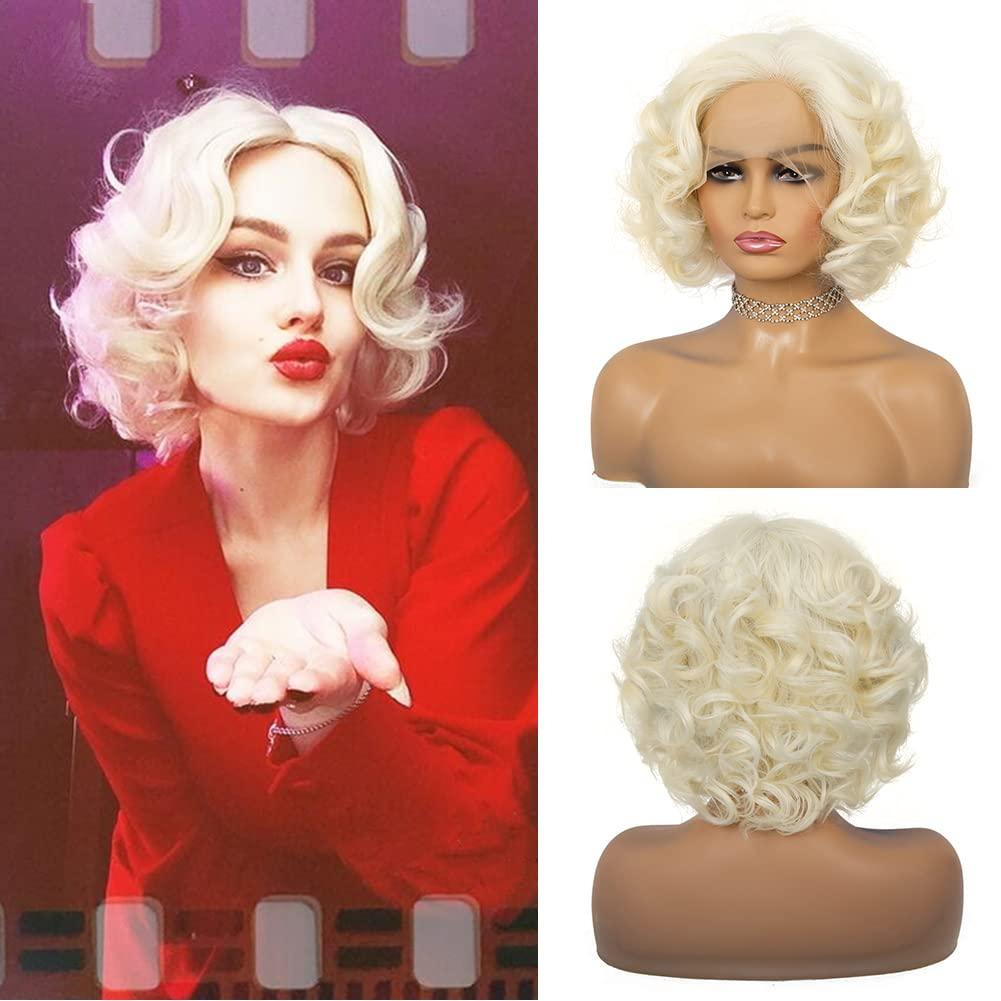 Short Blonde 1920s Lace Front Wig Curly Bob Synthetic Hair Natural Hairline Platinum Blonde 40s 50s Wigs for Women