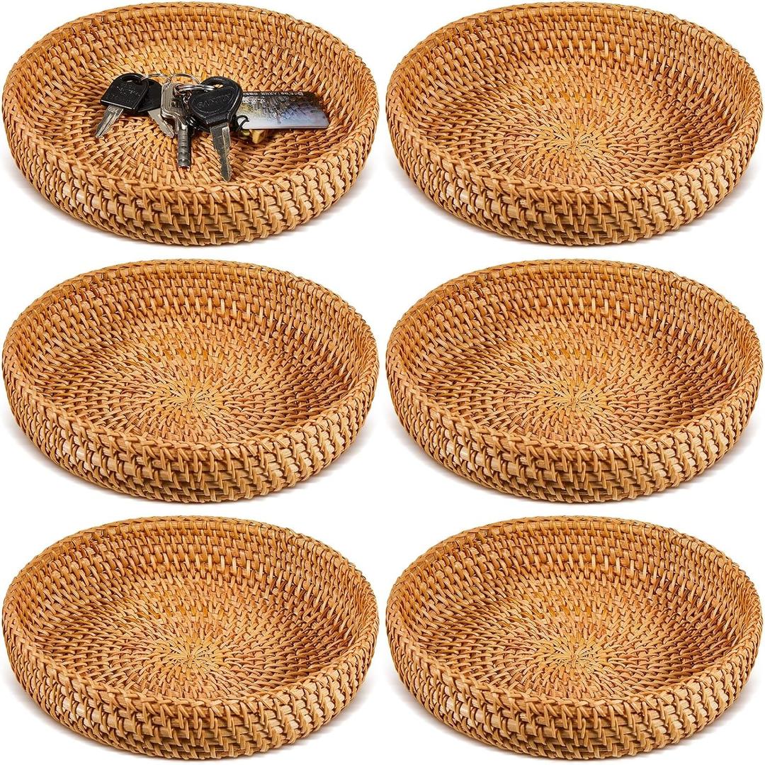 Hushee 6 Pcs Small Round Basket for Entryway Table Woven Wicker Key Bowl Basket Rattan Round Tray Organizing for Key Wallet Cell Phone Fruit Food Holder Decorative Table Storage (Brown)