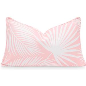 Hofdeco Premium Coastal Patio Indoor Outdoor Lumbar Pillow Cover Only, 12"x20" Water Repellent for Backyard, Couch, Blush Pink Palm Leaf