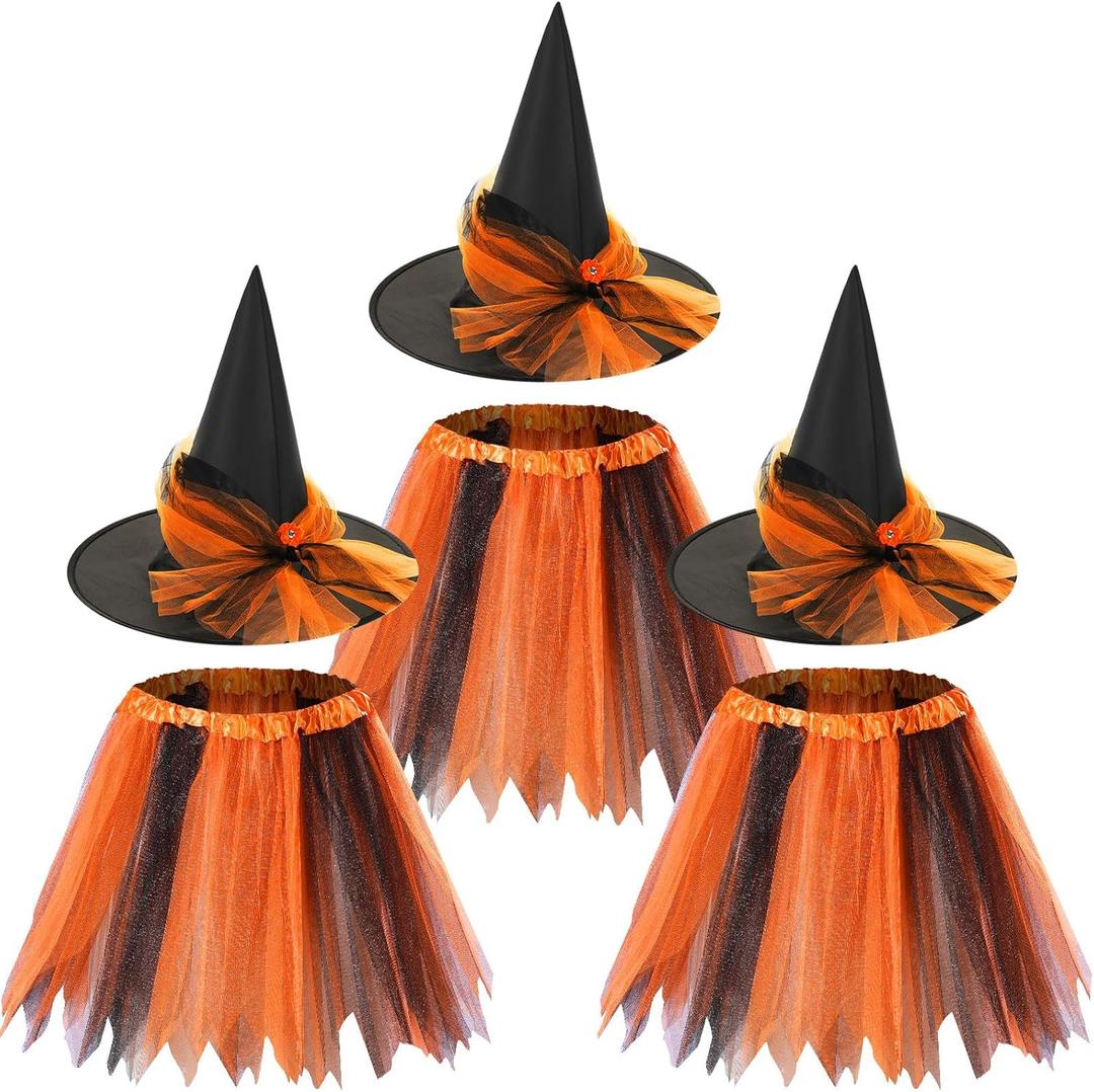 Handepo 3 Pcs Halloween Tutu with Witch Hat Halloween Witch Costume Set for Women Adult Party Favors Skirt(Orange and Black)